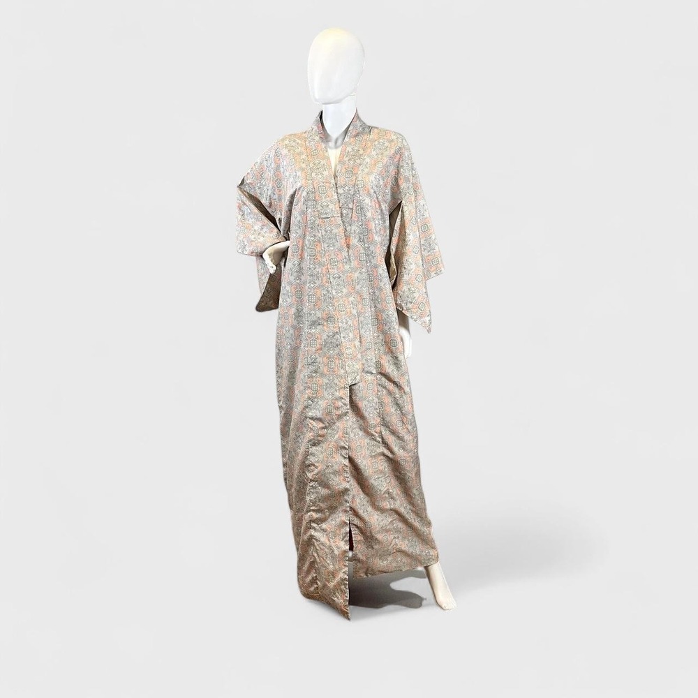 Handmade Silk Blend Japanese Kimono Robe Pastel Floral Geometric Long‎ Robe